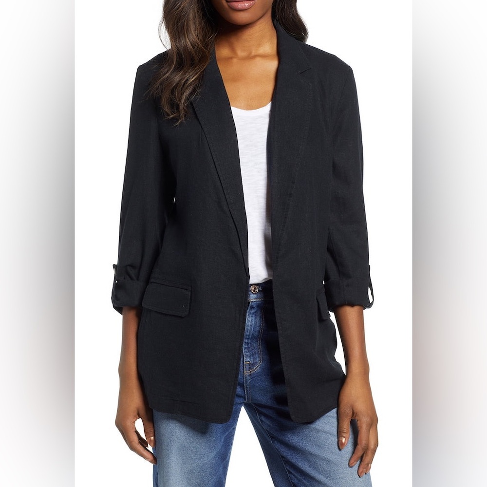 Paper Doll Women’s Black Ruffled Blazer Long Elegant Workwear Layering Size L